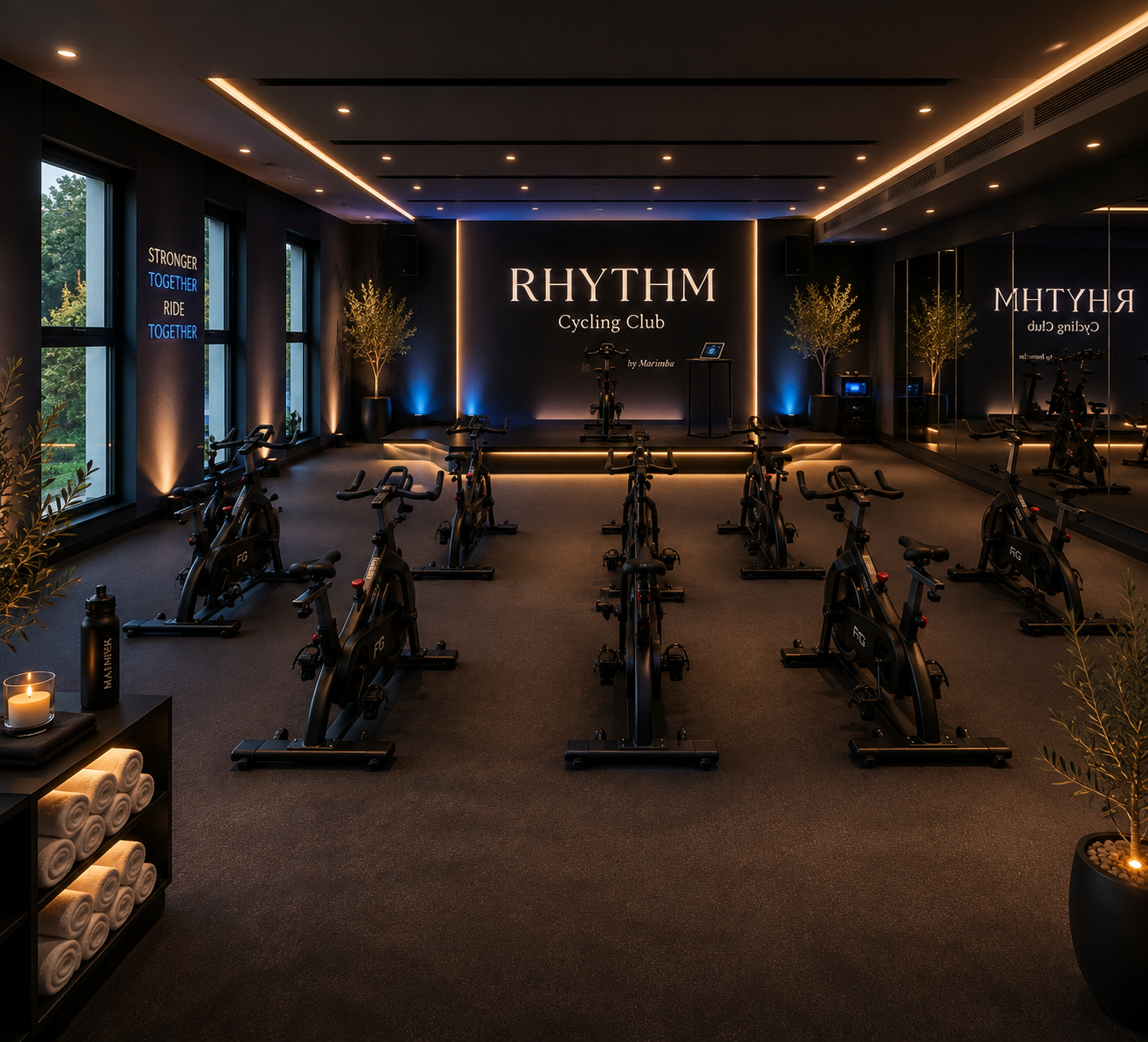 The Rhythm Cycling Club studio at Marimba — a dark, candlelit room lined with bikes facing a raised platform with the RHYTHM wordmark on the back wall.